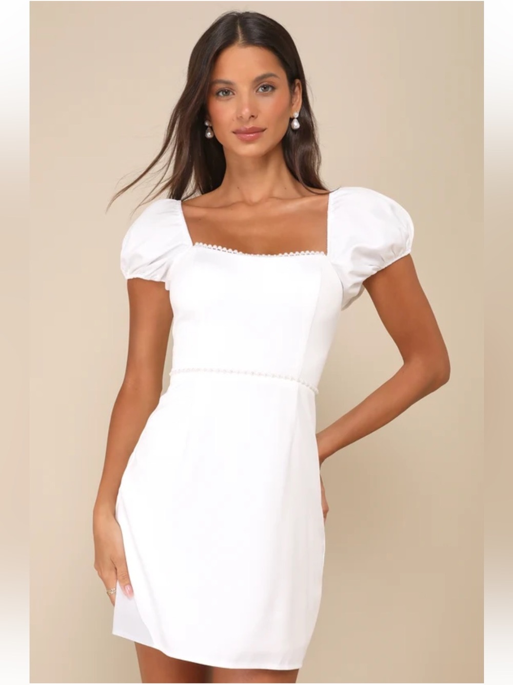NWT Lulus Adorable Poise White Pearl Puff Sleeve Mini Dress size M